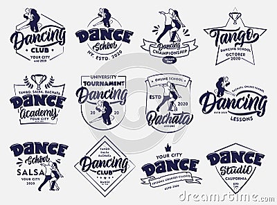 Set of vintage Dancing emblems and stamps. Sport badges, stickers on white background Cartoon Illustration