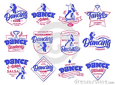 Set of vintage Dancing emblems and stamps. Sport color badges, stickers on white background isolated Cartoon Illustration