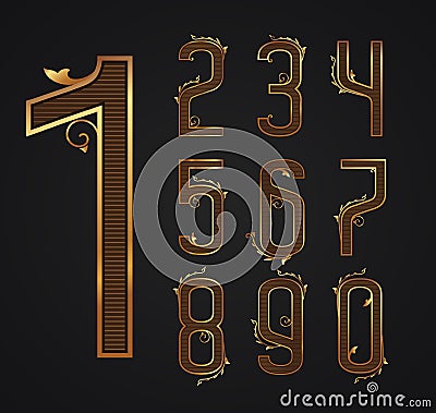 Set of vintage digits from 0 to 9. Vector Illustration