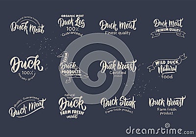 Set of vintage Duck and meat emblems and phrases. Farm product badges Cartoon Illustration