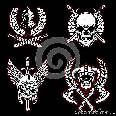 Set of vintage emblems with ancient weapon, knights, vikings. Design element for logo, label, emblem, sign Vector Illustration