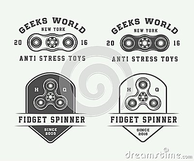 Set of vintage fidget spinners logos, emblems, badges Vector Illustration