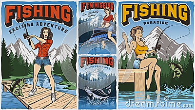 Set of vintage fishing posters with pin up girls Stock Photo