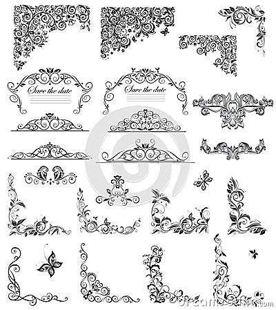 Set of vintage floral caption (black and white) Vector Illustration