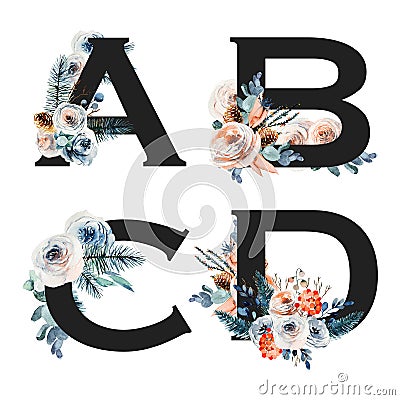 Set of vintage floral letters A-D, isolated illustration on white background, for wedding monogram, greeting cards Cartoon Illustration