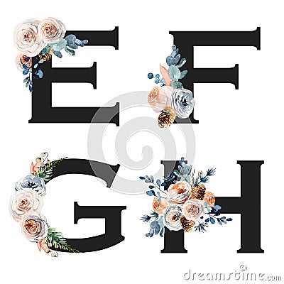 Set of vintage floral letters E-H, isolated illustration on white background, for wedding monogram, greeting cards Cartoon Illustration