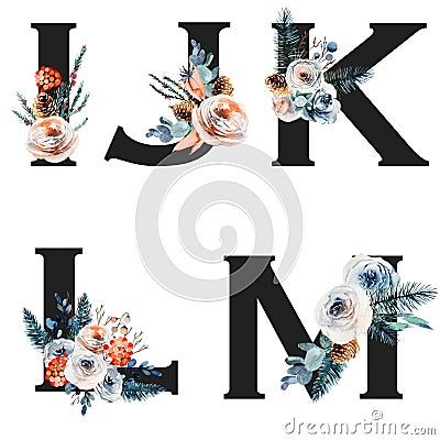 Set of vintage floral letters I-M, isolated illustration on white background, for wedding monogram, greeting cards Cartoon Illustration