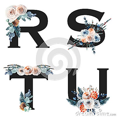 Set of vintage floral letters R-U, isolated illustration on white background, for wedding monogram, greeting cards Cartoon Illustration