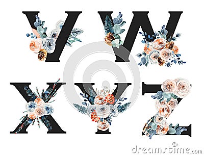 Set of vintage floral letters V-Z, isolated illustration on white background, for wedding monogram, greeting cards Cartoon Illustration