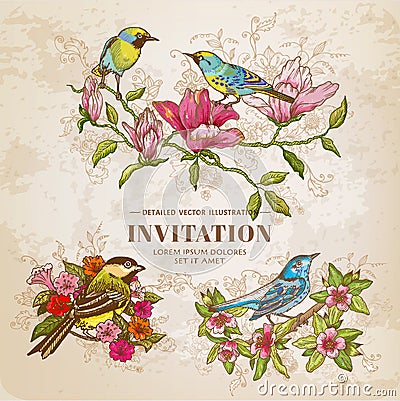 Set of Vintage Flowers and Birds Vector Illustration