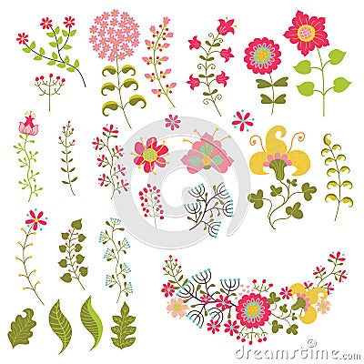 Set of vintage flowers elemments.Flowers,branches,berries Vector Illustration