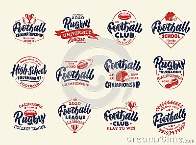 Set of vintage Football emblems and stamps. Sport colorful badges, templates and stickers for Football club, school, league Cartoon Illustration
