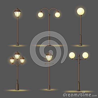 Set of vintage gas or electric street lamps. Outdoor lights at night. Collection of vector urban icons Vector Illustration