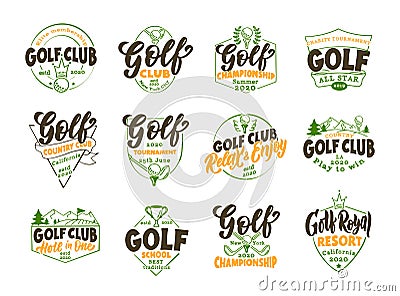 Set of vintage Golf emblems and stamps. Colorful badges, templates and stickers for Golf club Cartoon Illustration