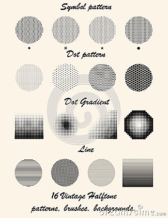 Set of Vintage Halftone patterns, brushes and backgrounds. Vector Illustration