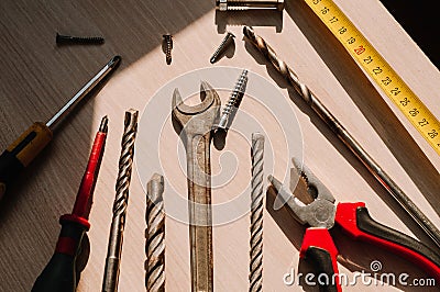 Set of vintage hand construction and carpentry tools hammers Stock Photo