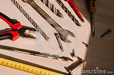 Set of vintage hand construction and carpentry tools hammers on a old wooden background Stock Photo