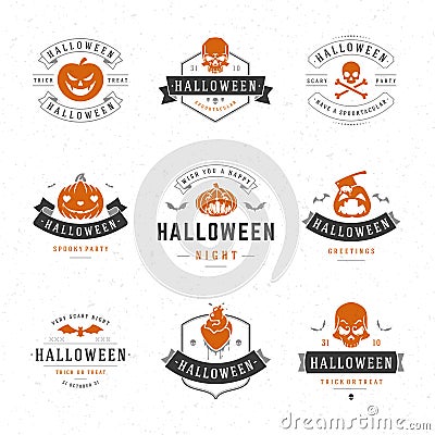 Set Vintage Happy Halloween Badges and Labels Vector Illustration