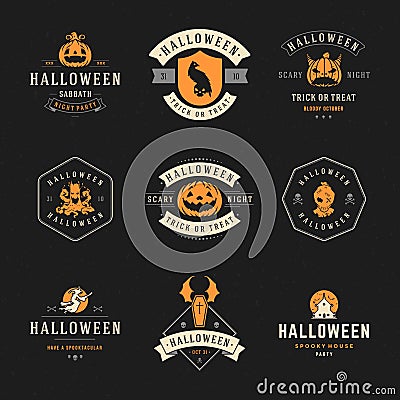 Set Vintage Happy Halloween Badges and Labels Vector Illustration