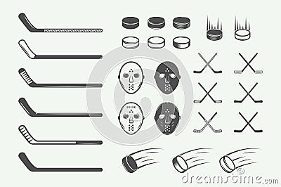 Set of vintage hockey elements in retro style. Vector Illustration