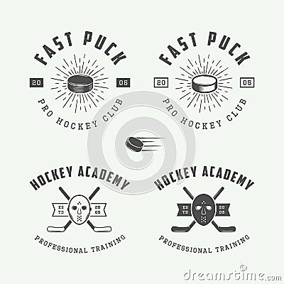 Set of vintage hockey emblems, logos, badges, labels Vector Illustration