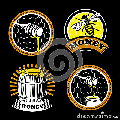 Set of vintage honey emblems. Logo illustrations. Agriculture labels on a black background. Vector Illustration