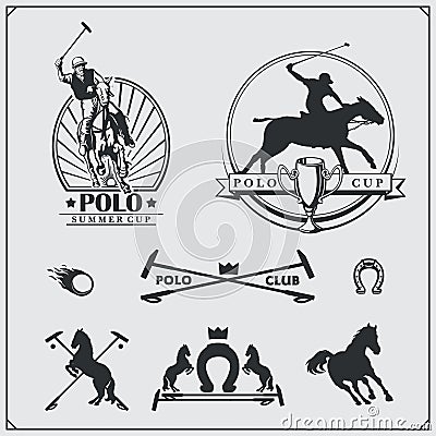 Set of vintage horse polo club labels, emblems, badges and design elements. Vector Illustration