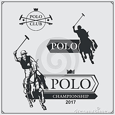 Set of vintage horse polo club labels, emblems, badges and design elements. Vector Illustration
