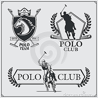 Set of vintage horse polo club labels, emblems, badges and design elements. Vector Illustration