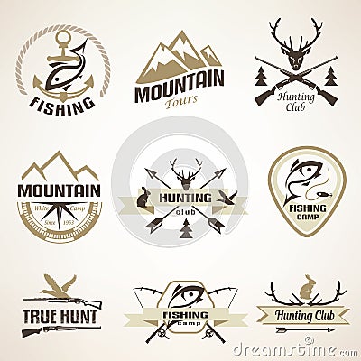 Set of vintage hunting and fishing emblems Vector Illustration