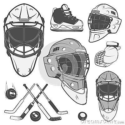 Set of vintage ice hockey goalkeeper helmet design elements for emblems sport Vector Illustration