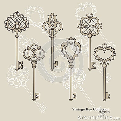 Set of Vintage Iron Fancy Keys Vector Illustration