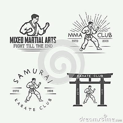 Set of vintage karate or martial arts logo, emblem, badge, label Vector Illustration