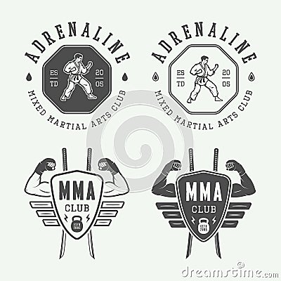 Set of vintage karate or martial arts logo, emblem, badge, label and design elements in retro style. Vector Illustration