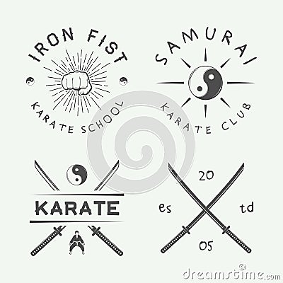 Set of vintage karate or martial arts logo, emblem, badge, label and design elements in retro style. Vector Illustration