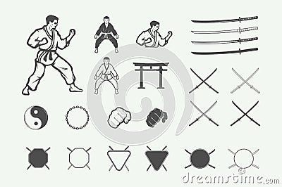 Set of vintage karate or martial arts logo, emblem, badge, label Vector Illustration