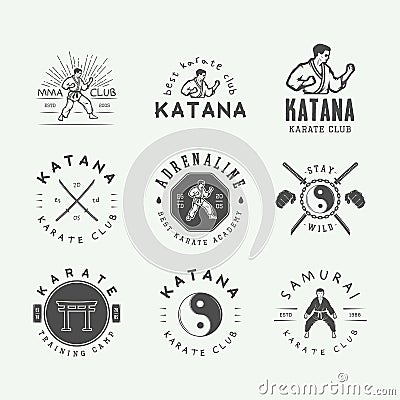 Set of vintage karate or martial arts logo, emblem, badge, label Vector Illustration
