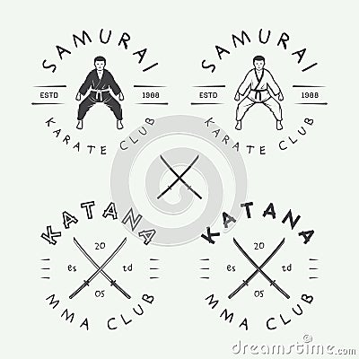 Set of vintage karate or martial arts logo, emblem, badge, label Vector Illustration