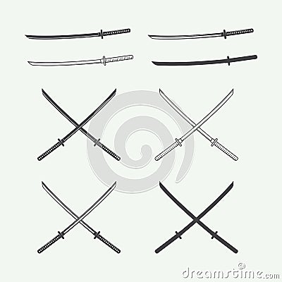 Set of vintage katana swords in retro style. Vector Illustration