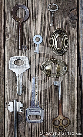 Set of vintage keys and keyholes Stock Photo