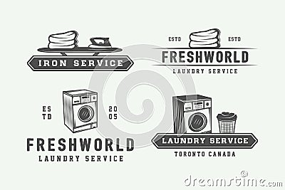 Set of vintage laundry, cleaning or iron service logos, emblems, badges and design elements. Monochrome Graphic Art. Vector Illus Vector Illustration