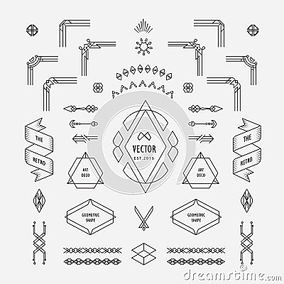 Set of vintage linear thin line art deco retro design geometric shape elements with frame corner Vector Illustration