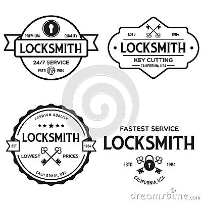 Set of vintage locksmith logo, retro styled key cutting service emblems, badges, design elements, logotype templates Cartoon Illustration
