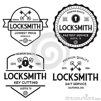 Set of vintage locksmith logo, retro styled key cutting service emblems, badges, design elements, logotype templates Cartoon Illustration