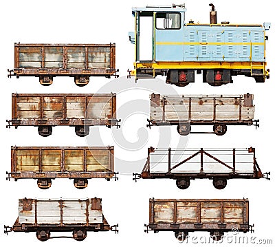 Set of vintage locomotive and cars isolated on white Stock Photo