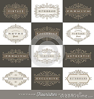 Set of vintage logo template with flourishes calligraphic frames Vector Illustration
