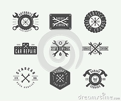 Set of vintage mechanic label, emblem, badge and logo. Vector Illustration