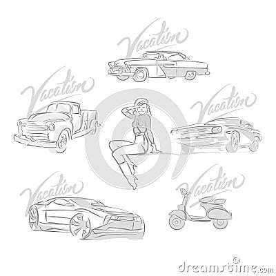 Set of vintage and modern cars drawings Vector Illustration