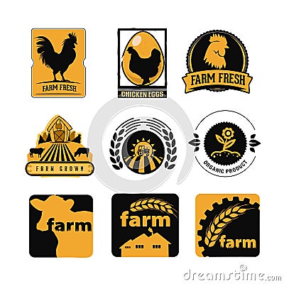 Set of vintage and modern farm logo labels with chicken, eggs and cows Vector Illustration