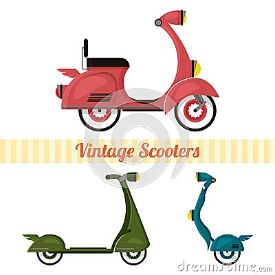 Set of vintage and modern scooters set in retro style. Motorcycle, scooter, stylized segway Vector Illustration